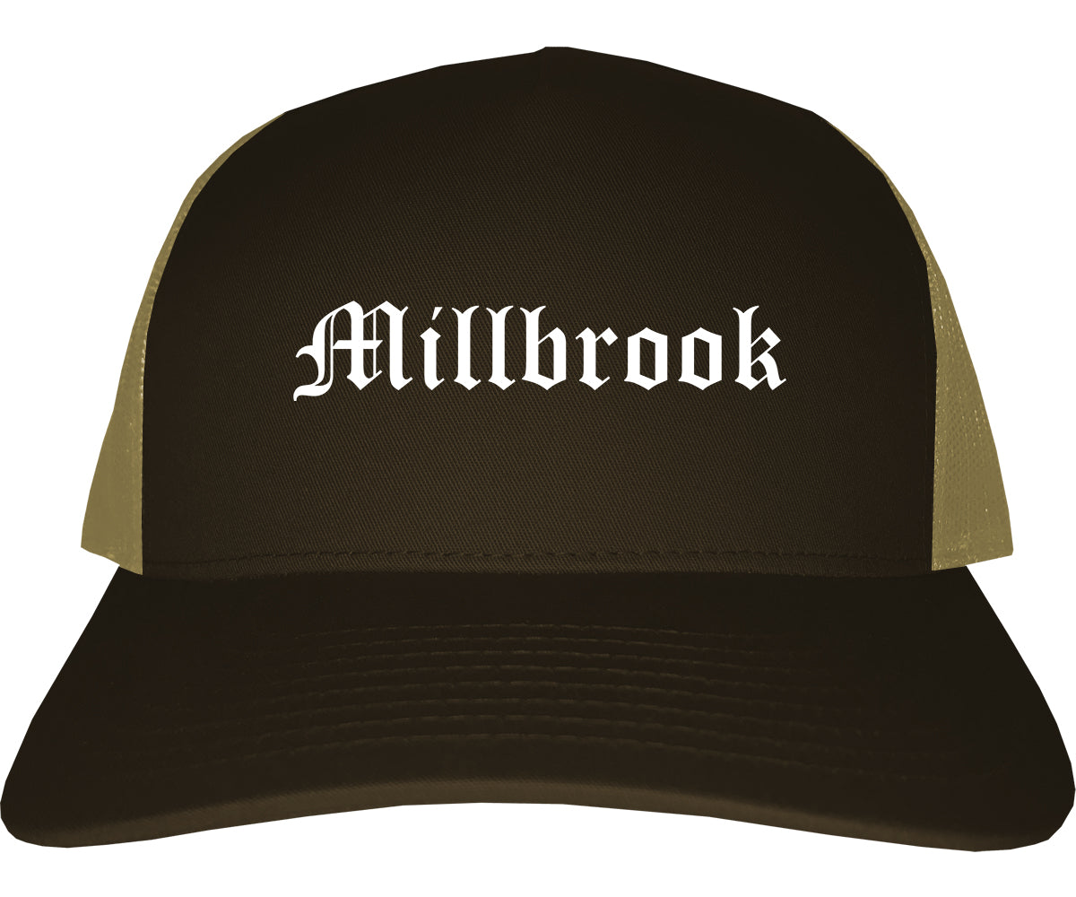 Millbrook Alabama AL Old English Mens Trucker Hat Cap Brown