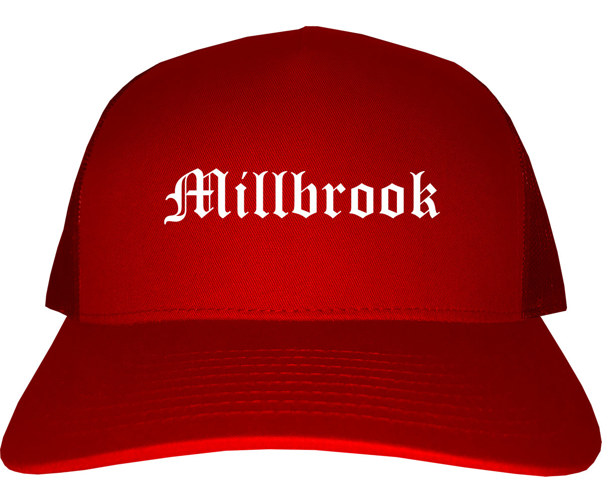 Millbrook Alabama AL Old English Mens Trucker Hat Cap Red