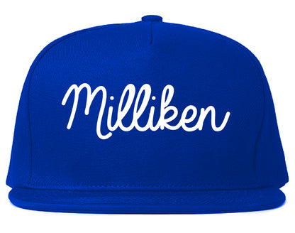 Milliken Colorado CO Script Mens Snapback Hat Royal Blue