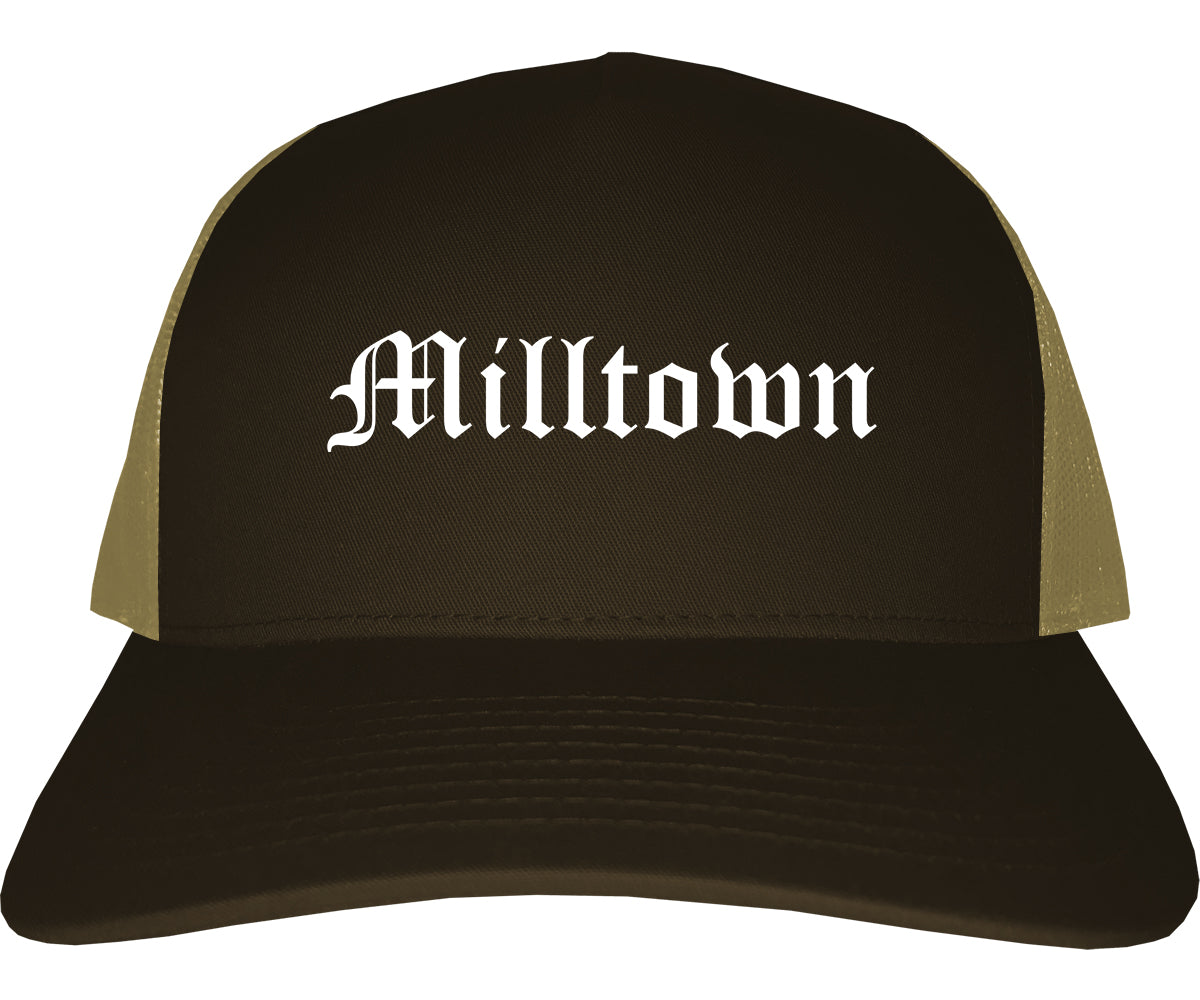 Milltown New Jersey NJ Old English Mens Trucker Hat Cap Brown