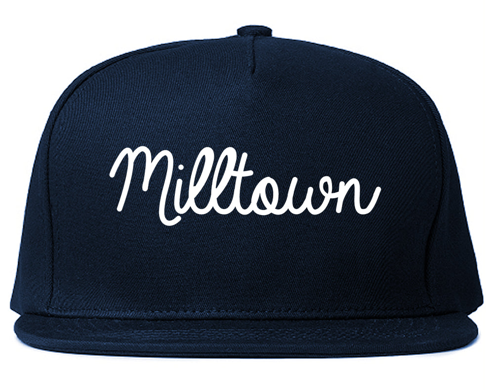 Milltown New Jersey NJ Script Mens Snapback Hat Navy Blue