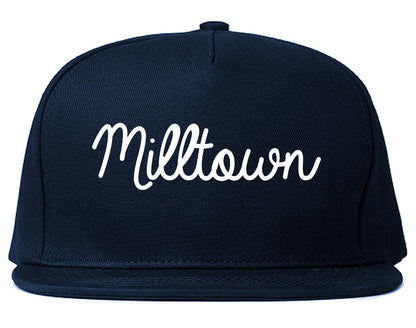 Milltown New Jersey NJ Script Mens Snapback Hat Navy Blue