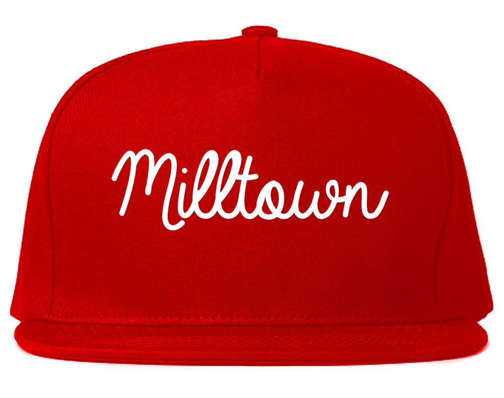 Milltown New Jersey NJ Script Mens Snapback Hat Red