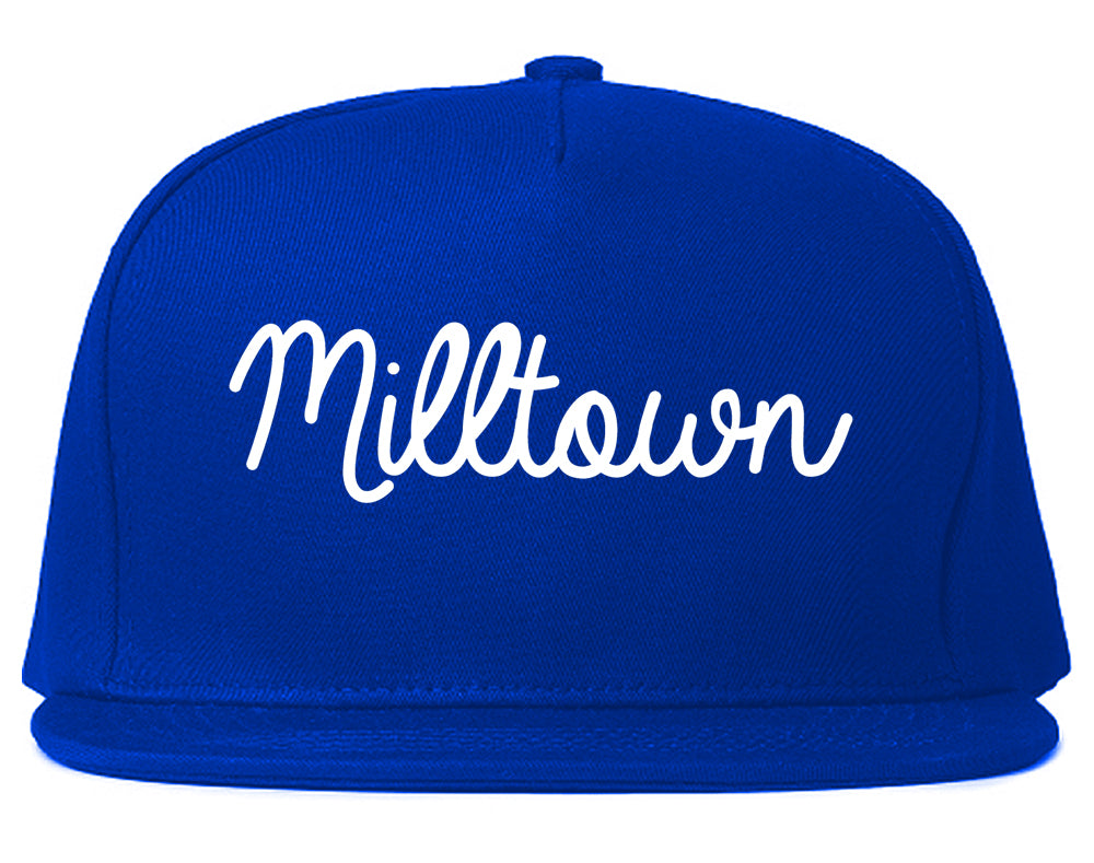 Milltown New Jersey NJ Script Mens Snapback Hat Royal Blue