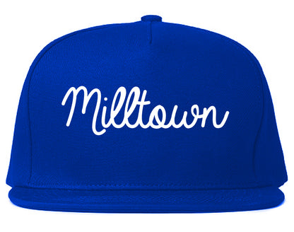Milltown New Jersey NJ Script Mens Snapback Hat Royal Blue