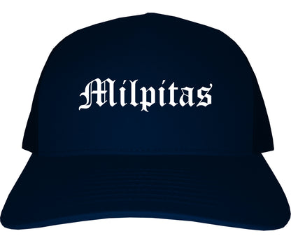 Milpitas California CA Old English Mens Trucker Hat Cap Navy Blue