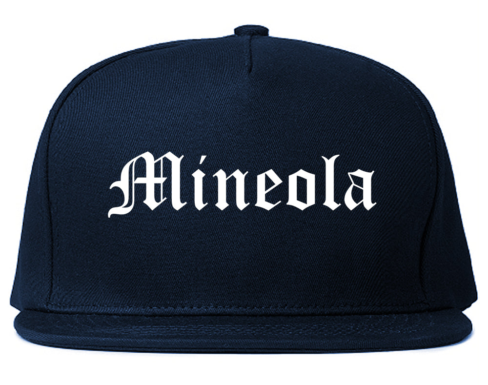 Mineola New York NY Old English Mens Snapback Hat Navy Blue