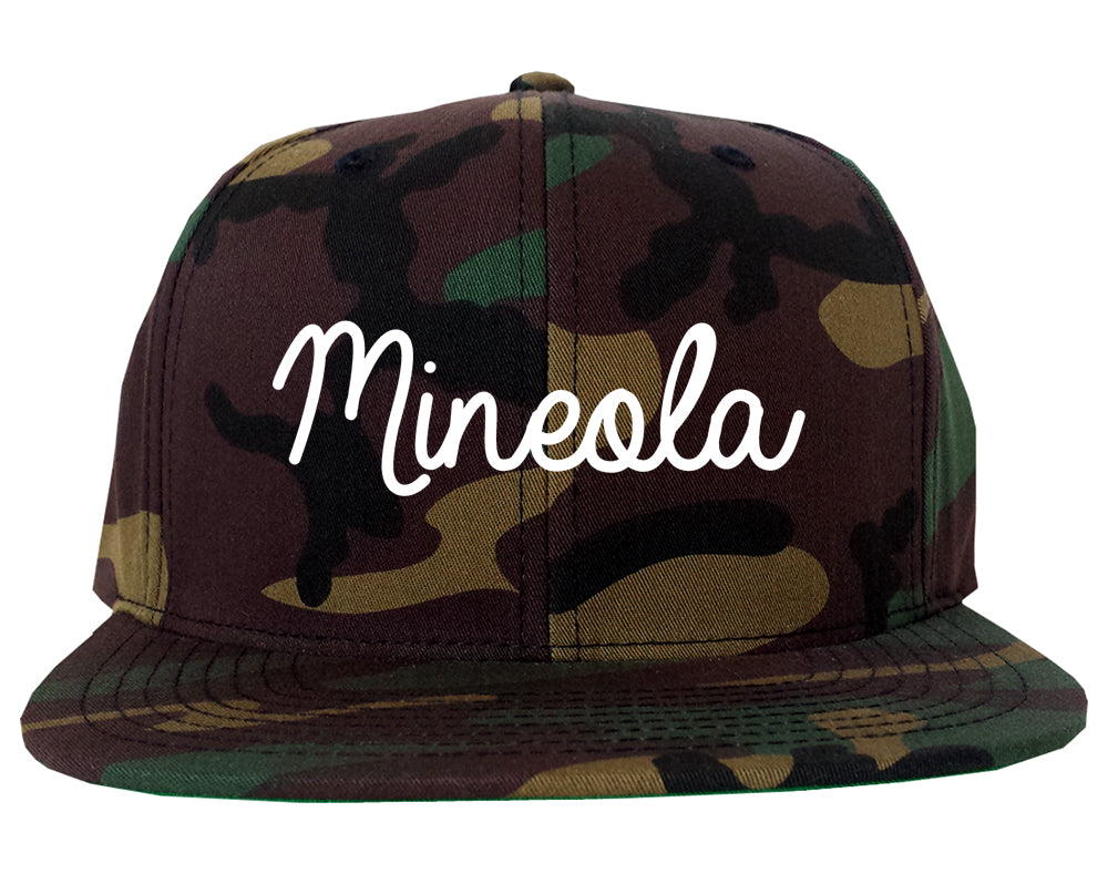 Mineola New York NY Script Mens Snapback Hat Army Camo