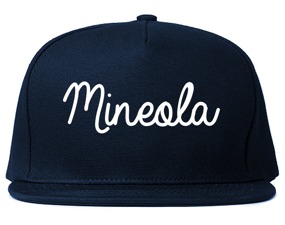 Mineola New York NY Script Mens Snapback Hat Navy Blue