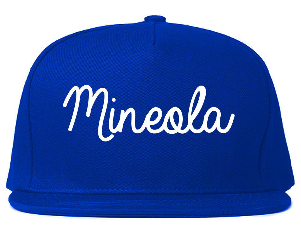 Mineola New York NY Script Mens Snapback Hat Royal Blue