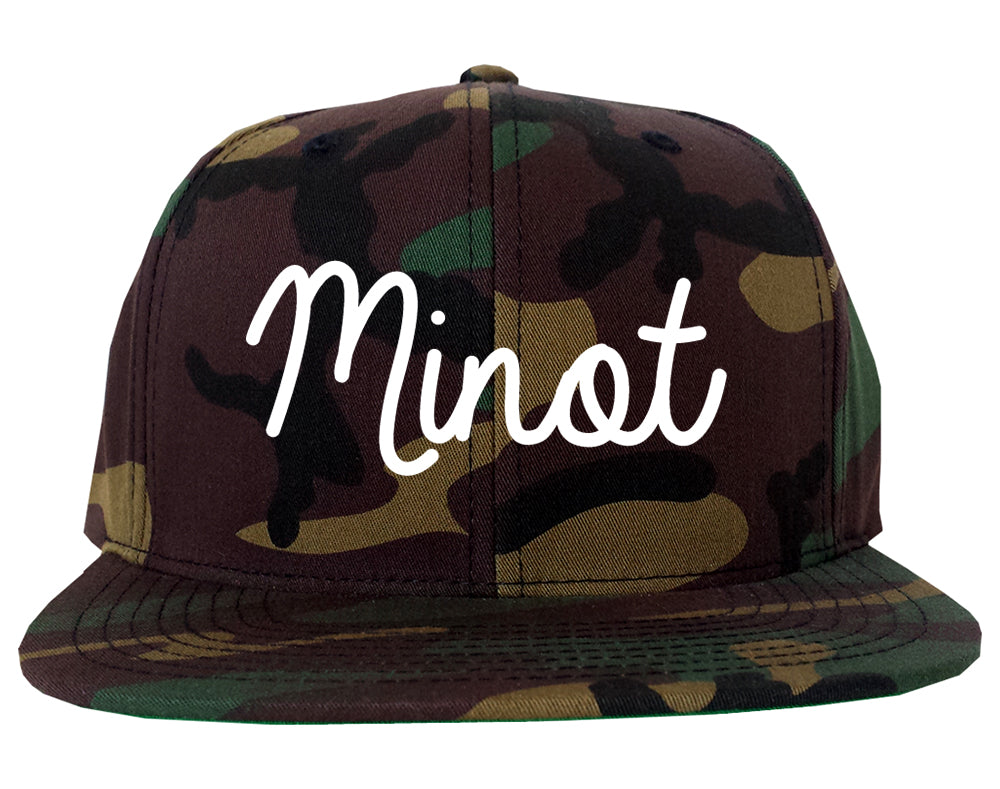 Minot North Dakota ND Script Mens Snapback Hat Army Camo