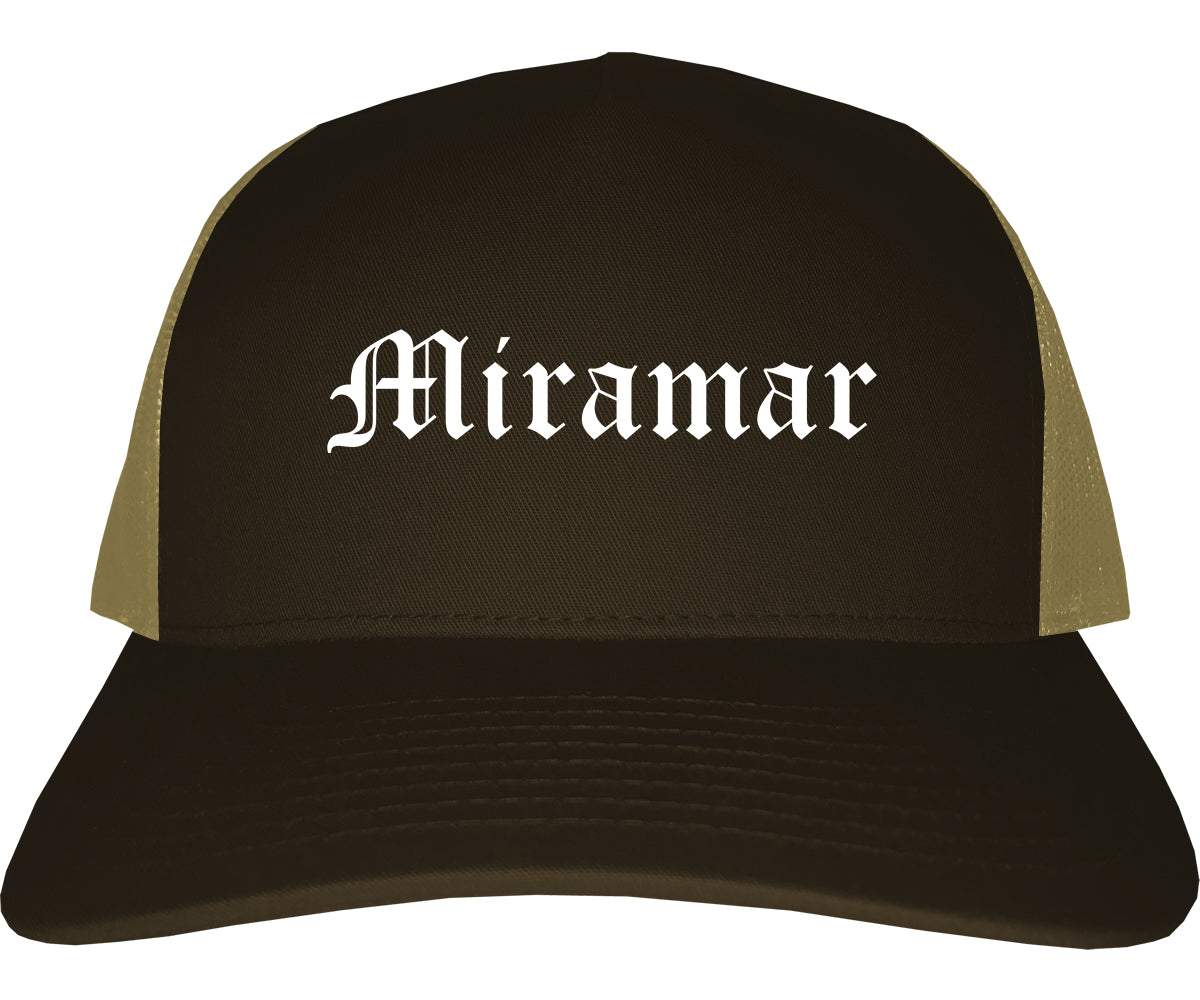 Miramar Florida FL Old English Mens Trucker Hat Cap Brown