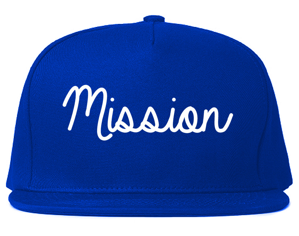 Mission Texas TX Script Mens Snapback Hat Royal Blue