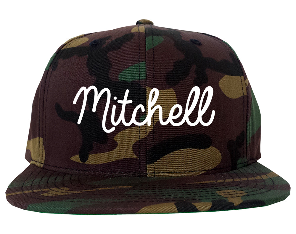Mitchell Indiana IN Script Mens Snapback Hat Army Camo