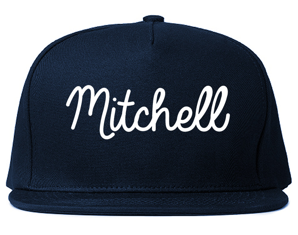 Mitchell Indiana IN Script Mens Snapback Hat Navy Blue