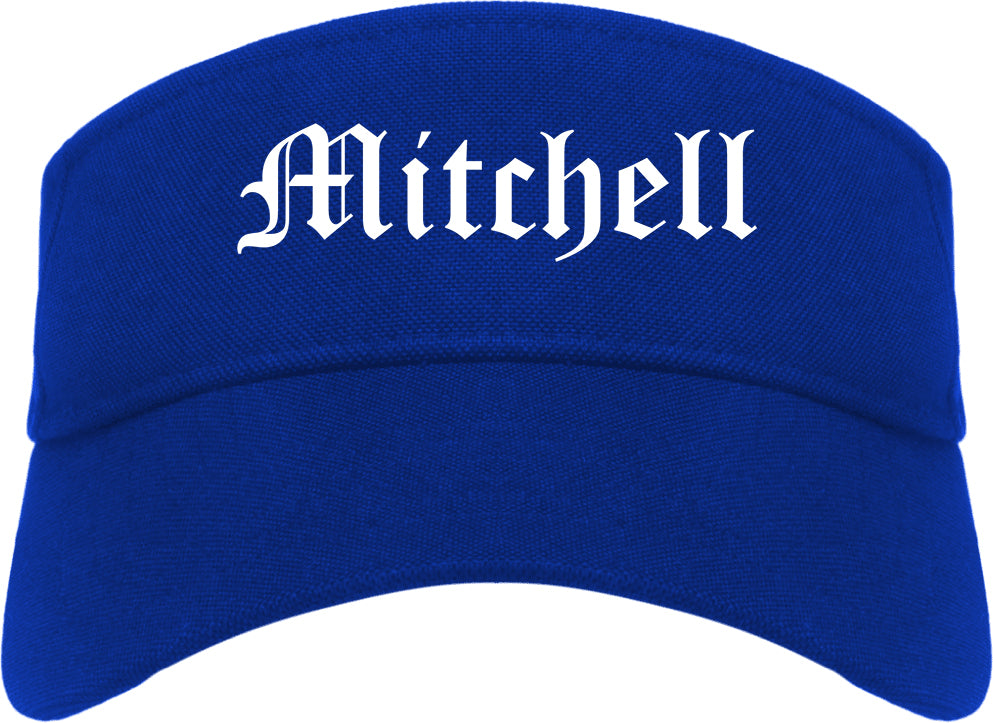 Mitchell Indiana IN Old English Mens Visor Cap Hat Royal Blue