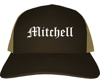 Mitchell South Dakota SD Old English Mens Trucker Hat Cap Brown