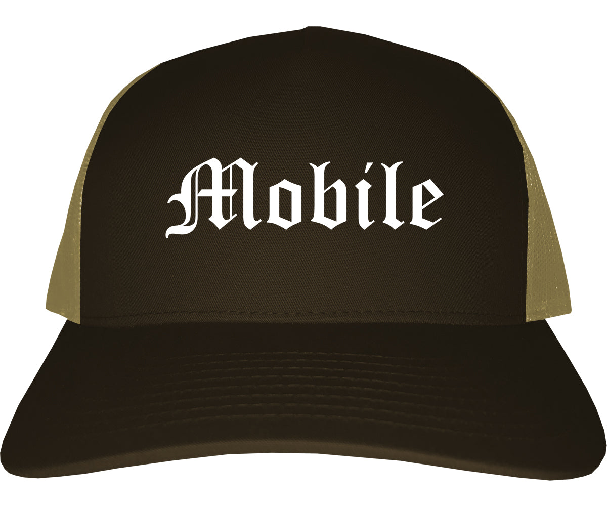 Mobile Alabama AL Old English Mens Trucker Hat Cap Brown