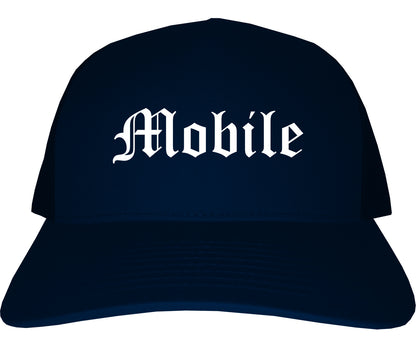 Mobile Alabama AL Old English Mens Trucker Hat Cap Navy Blue