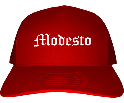 Modesto California CA Old English Mens Trucker Hat Cap Red