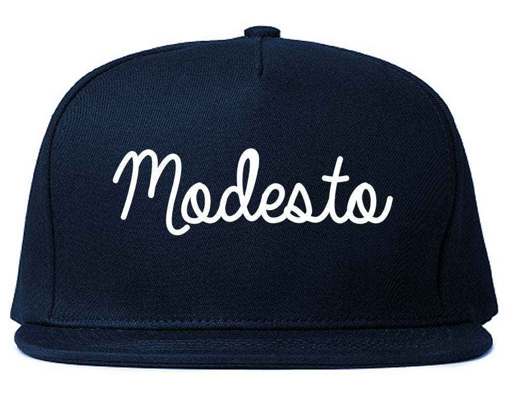 Modesto California CA Script Mens Snapback Hat Navy Blue
