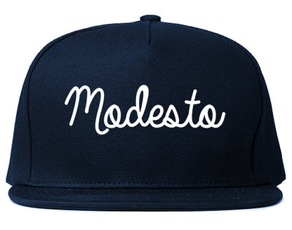 Modesto California CA Script Mens Snapback Hat Navy Blue