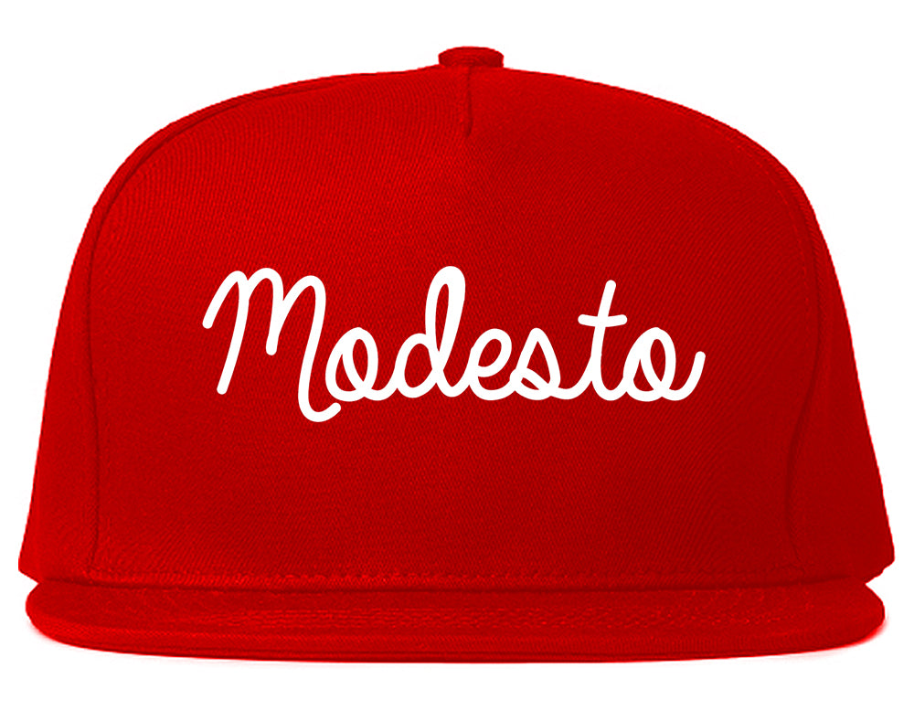 Modesto California CA Script Mens Snapback Hat Red
