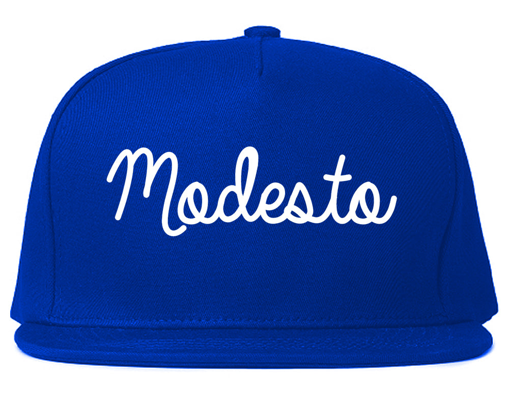 Modesto California CA Script Mens Snapback Hat Royal Blue