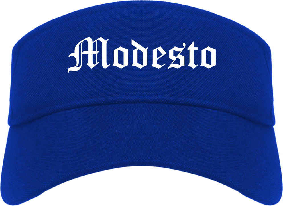 Modesto California CA Old English Mens Visor Cap Hat Royal Blue