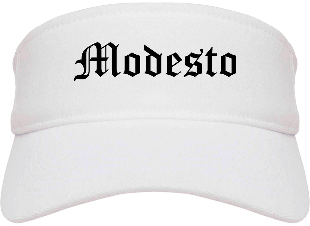 Modesto California CA Old English Mens Visor Cap Hat White