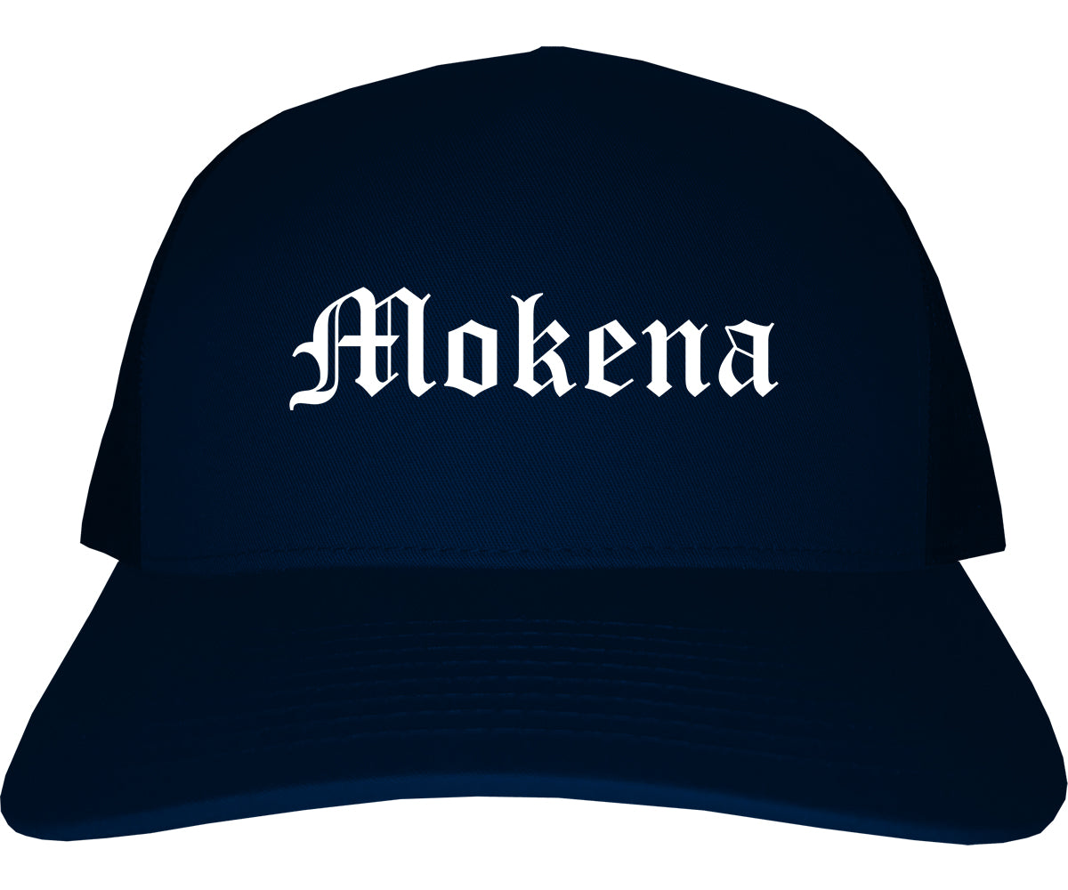 Mokena Illinois IL Old English Mens Trucker Hat Cap Navy Blue