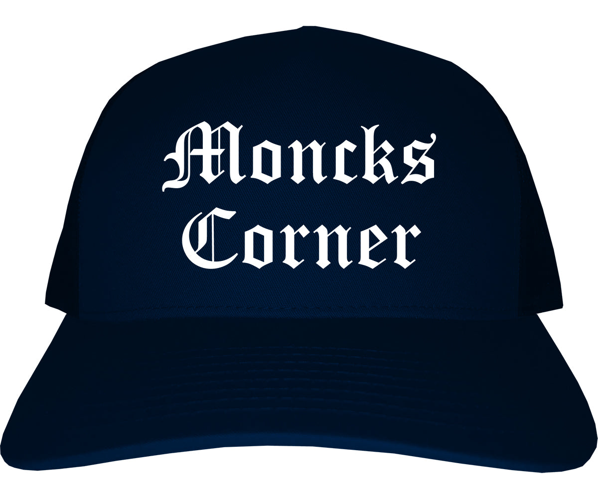Moncks Corner South Carolina SC Old English Mens Trucker Hat Cap Navy Blue