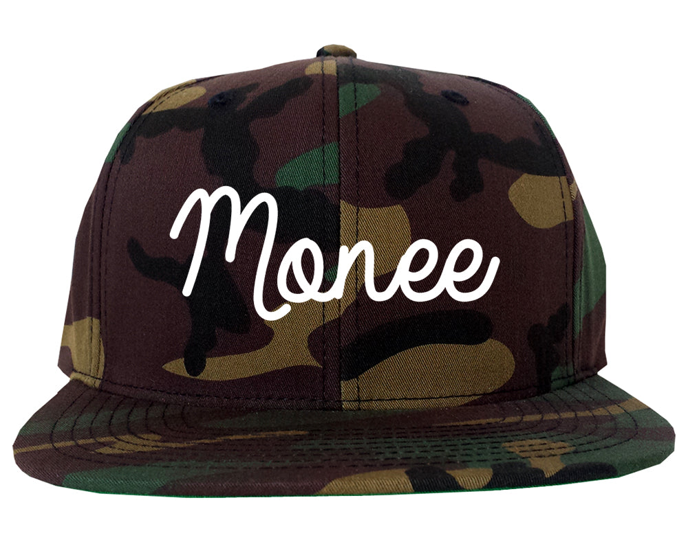Monee Illinois IL Script Mens Snapback Hat Army Camo