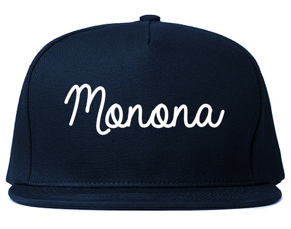 Monona Wisconsin WI Script Mens Snapback Hat Navy Blue