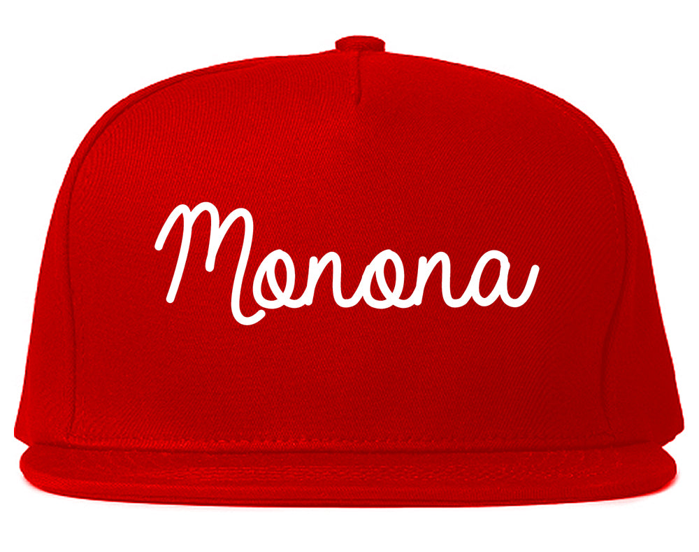 Monona Wisconsin WI Script Mens Snapback Hat Red