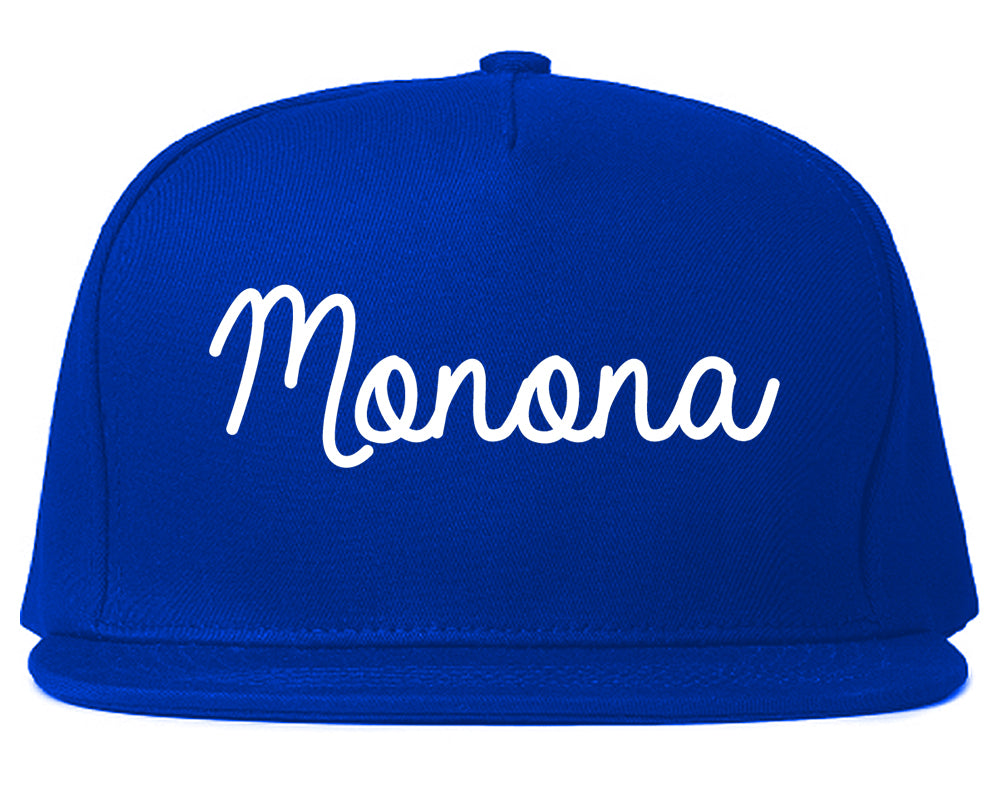 Monona Wisconsin WI Script Mens Snapback Hat Royal Blue