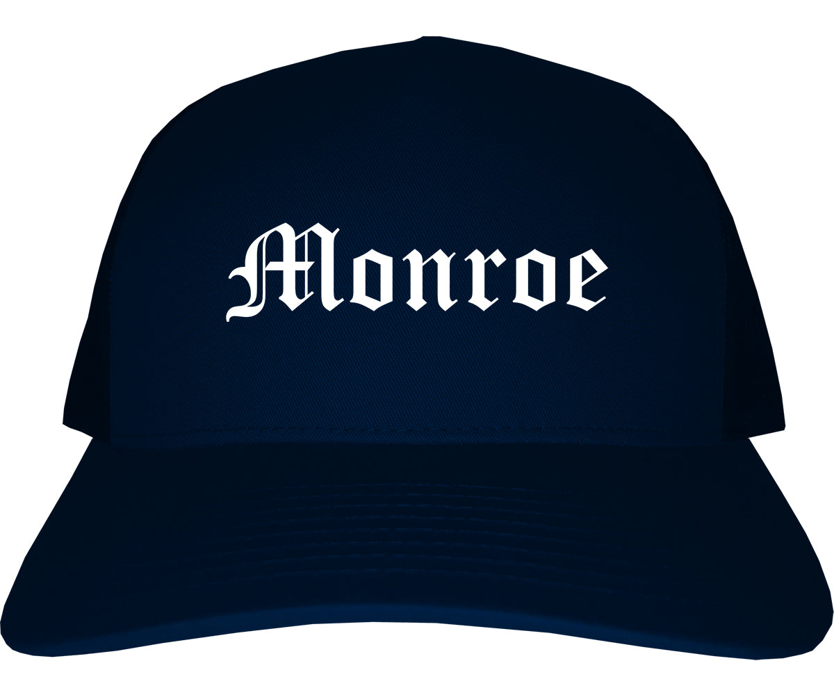 Monroe Georgia GA Old English Mens Trucker Hat Cap Navy Blue