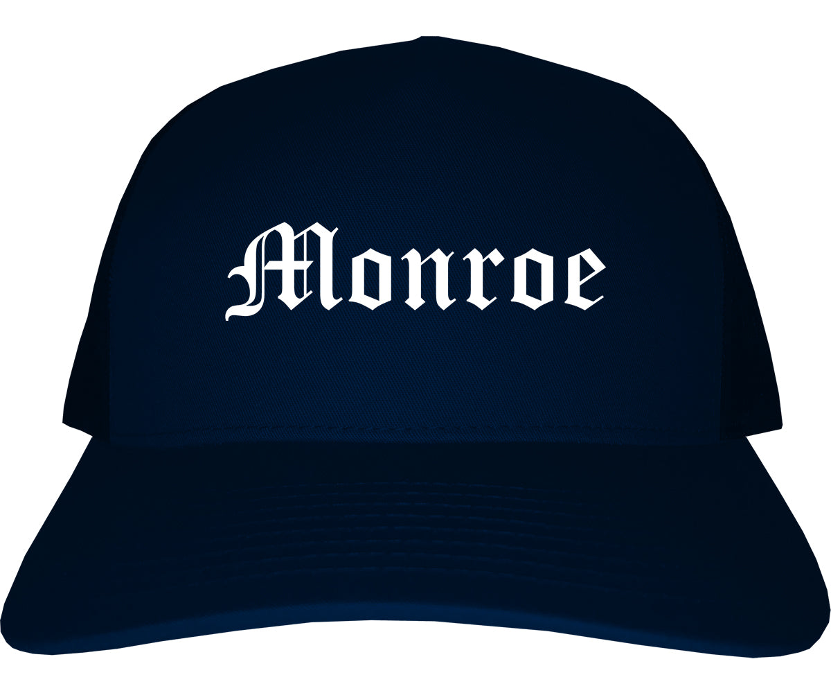 Monroe Michigan MI Old English Mens Trucker Hat Cap Navy Blue