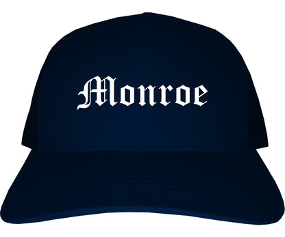 Monroe Michigan MI Old English Mens Trucker Hat Cap Navy Blue