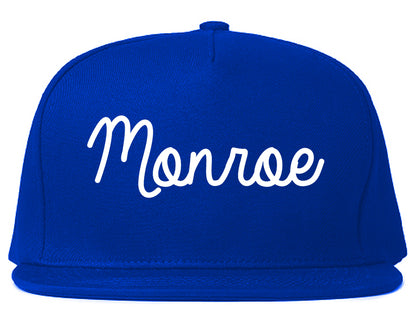 Monroe Michigan MI Script Mens Snapback Hat Royal Blue