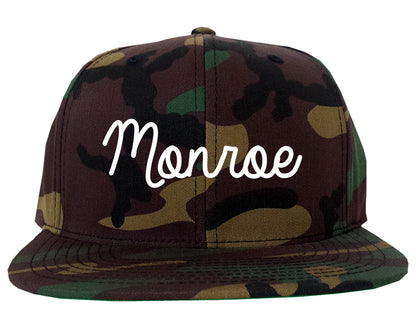 Monroe New York NY Script Mens Snapback Hat Army Camo