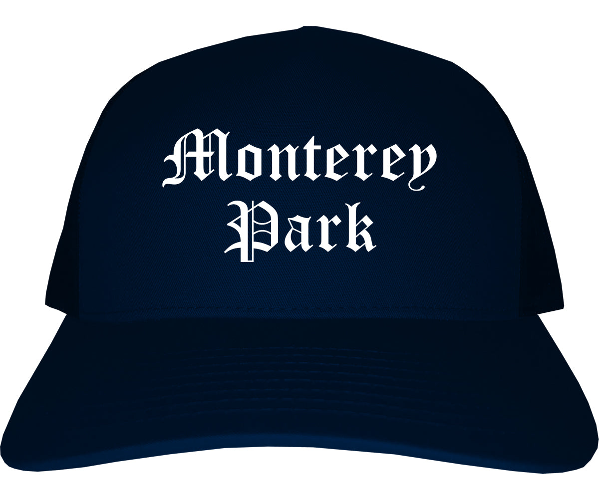 Monterey Park California CA Old English Mens Trucker Hat Cap Navy Blue
