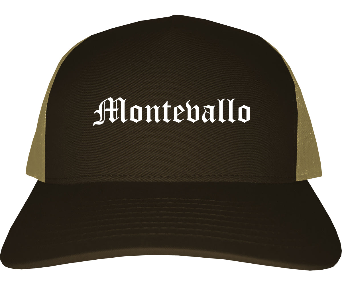 Montevallo Alabama AL Old English Mens Trucker Hat Cap Brown