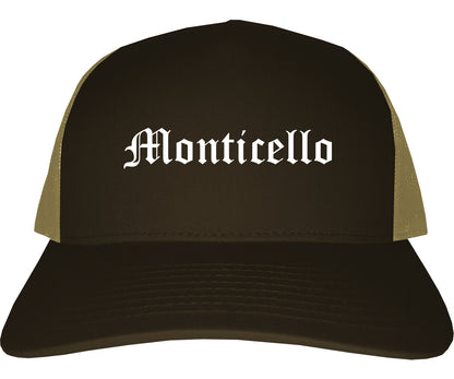 Monticello Indiana IN Old English Mens Trucker Hat Cap Brown