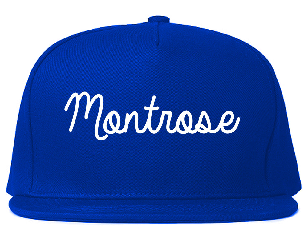 Montrose Colorado CO Script Mens Snapback Hat Royal Blue