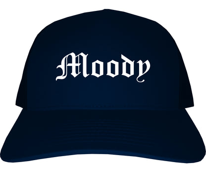 Moody Alabama AL Old English Mens Trucker Hat Cap Navy Blue