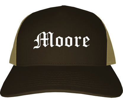 Moore Oklahoma OK Old English Mens Trucker Hat Cap Brown