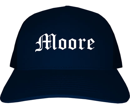 Moore Oklahoma OK Old English Mens Trucker Hat Cap Navy Blue