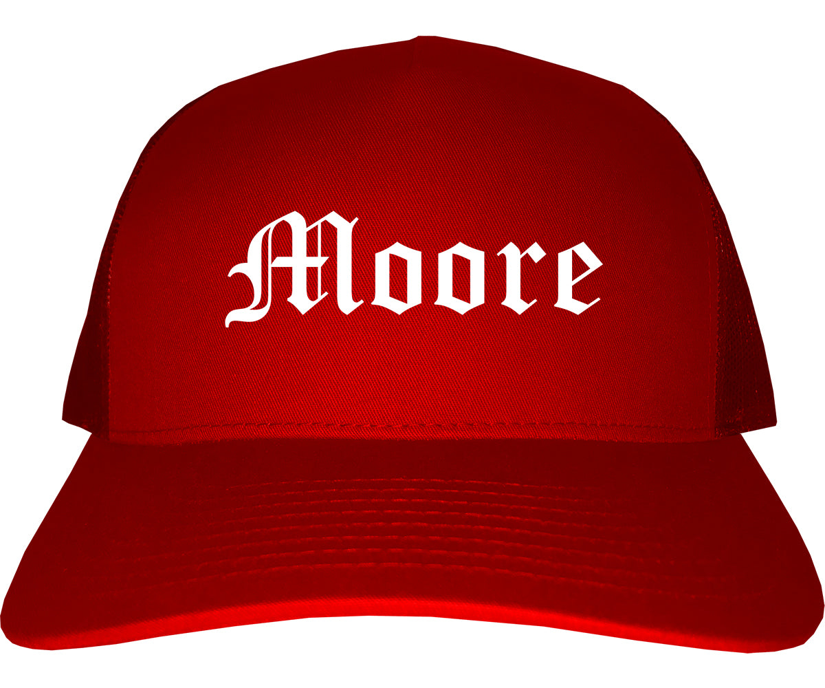 Moore Oklahoma OK Old English Mens Trucker Hat Cap Red