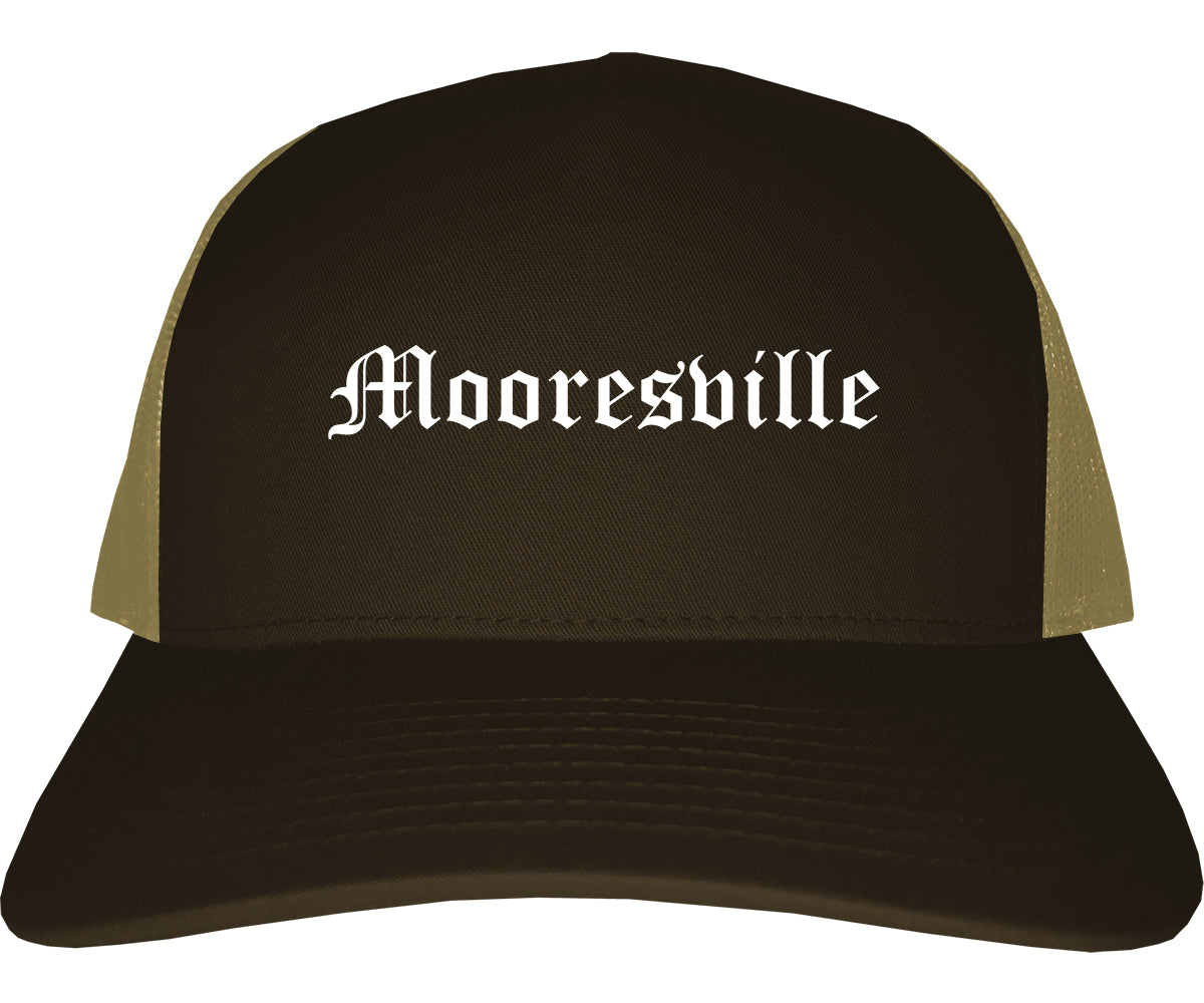 Mooresville North Carolina NC Old English Mens Trucker Hat Cap Brown